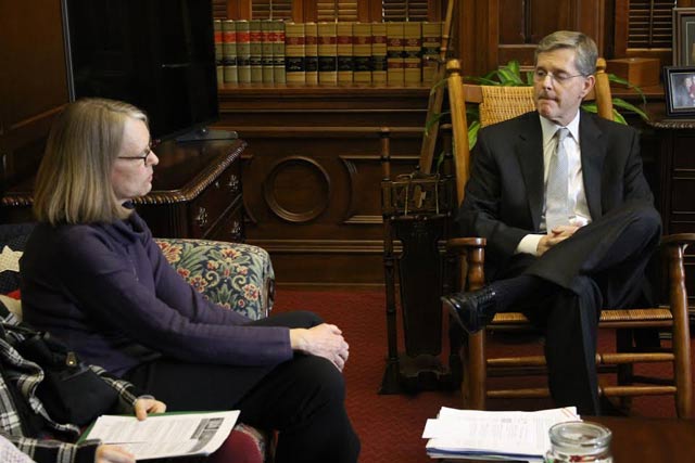 Carol Soph of the Denton Drilling Awareness Group speaks to Representative Phil King regarding legislative efforts to kill the Denton ban. Photo: Candice Bernd