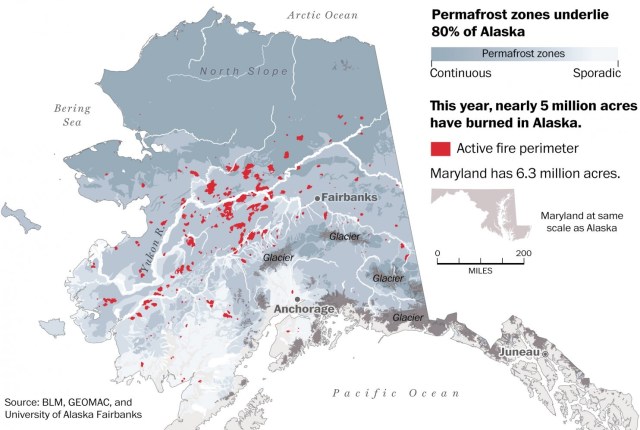 Alaska wildfires as of July 26, 2015 in relation to permafrost areas. Source: Washington Post
